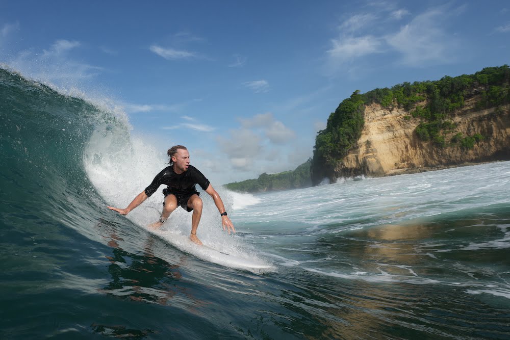 Gavin catching first barrel on an intermediate surfing retreat